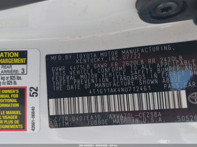 2022 TOYOTA CAMRY 4T1G11AK4NU712461 Photo 8