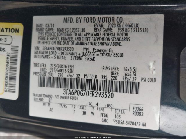 3FA6P0G70ER293520 Ford FUSION S