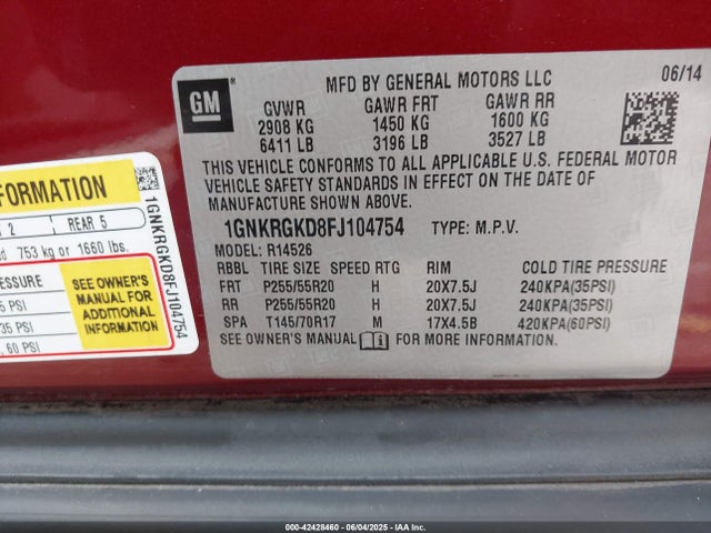 1GNKRGKD8FJ104754 Chevrolet llt