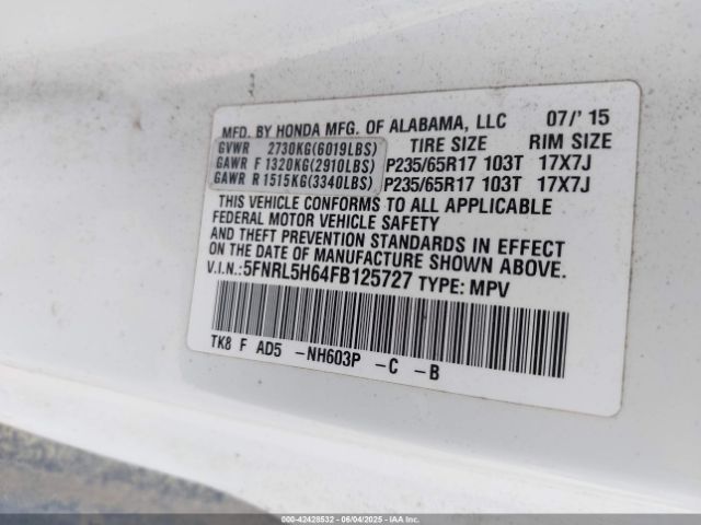 5FNRL5H64FB125727 Honda Odyssey Ex-l
