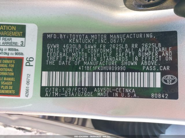 4T1BF1FK0HU809990 Toyota 2ar-fe