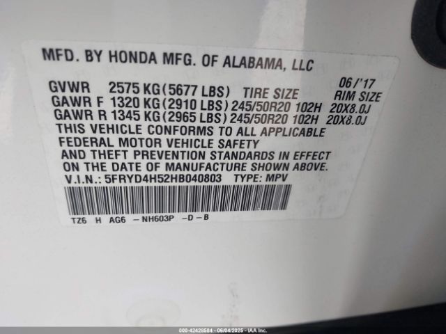5FRYD4H52HB040803 Acura Mdx Technology Package