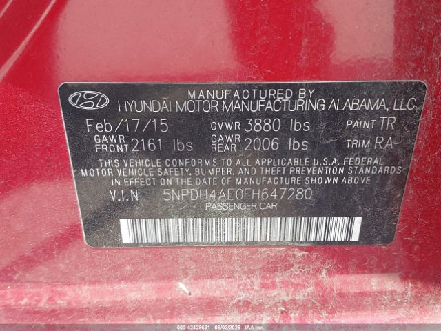 5NPDH4AE0FH647280 Hyundai ELANTRA SE