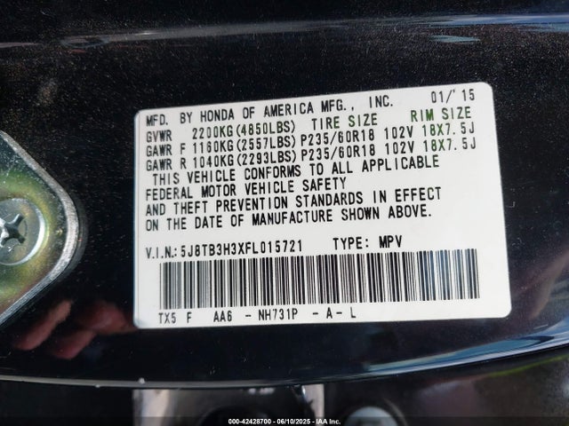 Acura j35z2 2015 5J8TB3H3XFL015721 Image 9