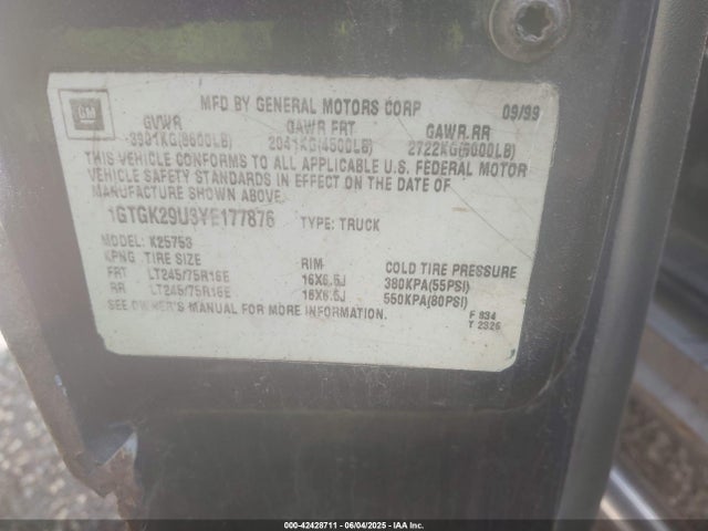 Продаж на аукціоні авто 2000 Gmc Sierra 2500 Sle, vin: 1GTGK29U3YE177876, номер лоту: 42428711