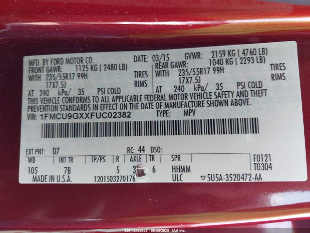 1FMCU9GXXFUC02382 Ford ESCAPE SE