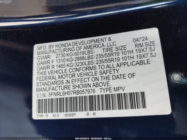 2024 HONDA ODYSSEY 5FNRL6H97RB057976 Photo 8