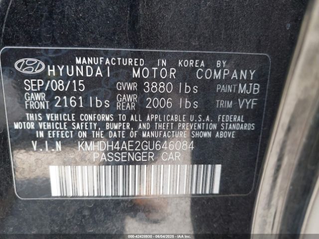 KMHDH4AE2GU646084 Hyundai ELANTRA SE