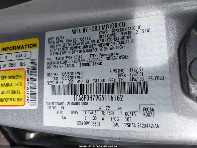 Ford FUSION SE 2016 1FA6P0H79G5116162 Image 9