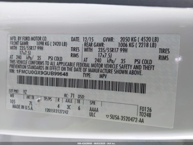 1FMCU0GX9GUB99648 Ford ESCAPE SE