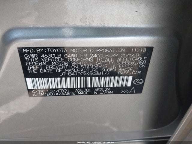 Lexus 8ar-fts 2019 JTHBA1D2XK5088177 Image 9