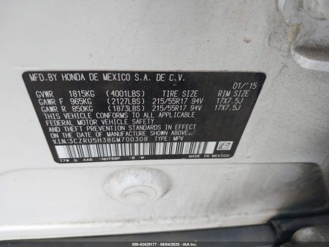 3CZRU5H38GM700308 Honda HR-V LX