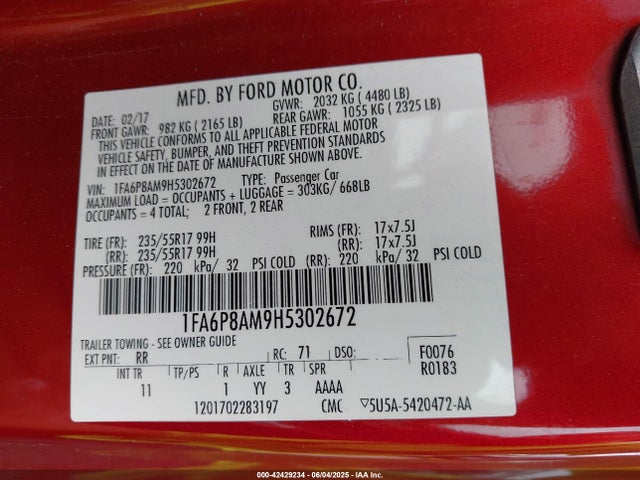 1FA6P8AM9H5302672 Ford 3.7l 4v