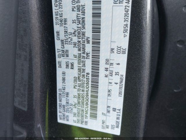1FMCU9GD9HUD50578 Ford ESCAPE SE