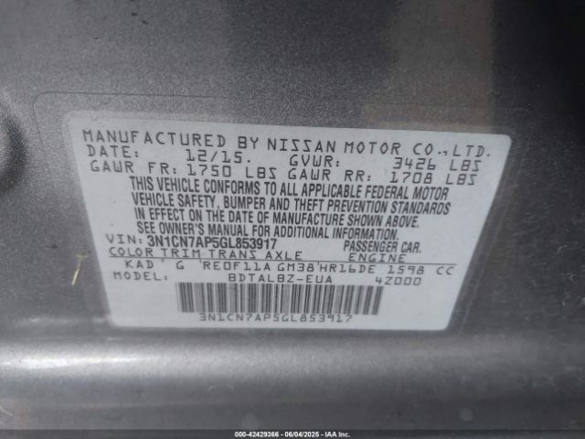 3N1CN7AP5GL853917 Nissan Versa