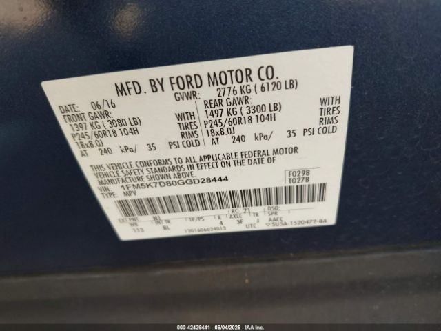 1FM5K7D80GGD28444 Ford EXPLORER XLT