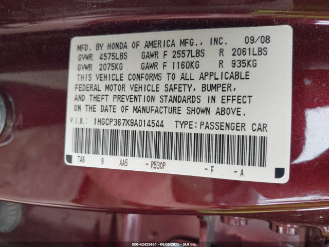 Продажа на аукционе авто 2009 Honda Accord 3.5 Ex, vin: 1HGCP367X9A014544, номер лота: 42429461