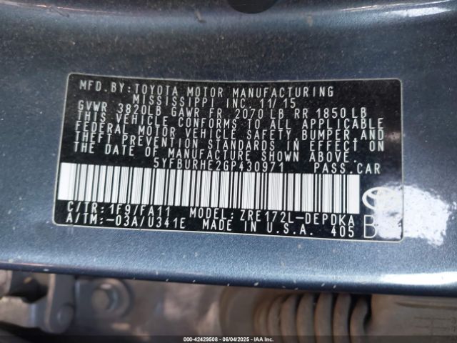 5YFBURHE2GP430971 Toyota 2zr-fe