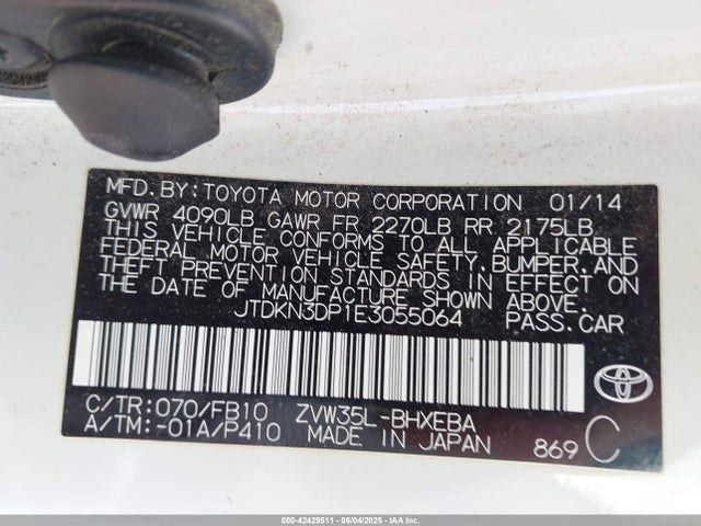 JTDKN3DP1E3055064 Toyota 2zr-fxe+3jm