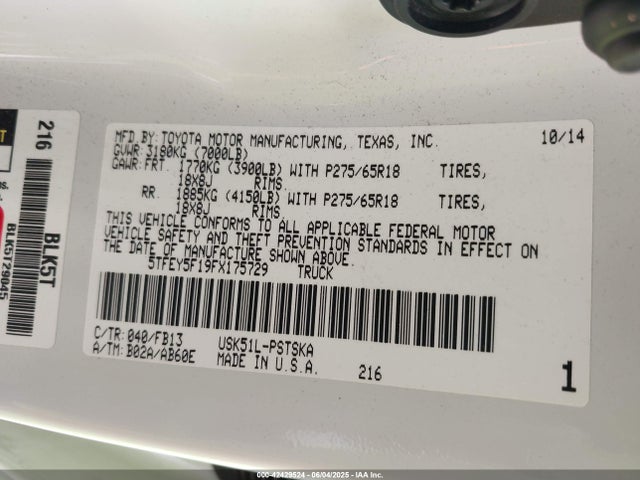 5TFEY5F19FX175729 Toyota 3ur-fbe
