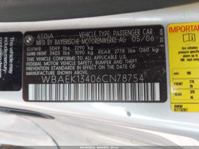 2006 BMW 650I WBAEK13406CN78754 Photo 8
