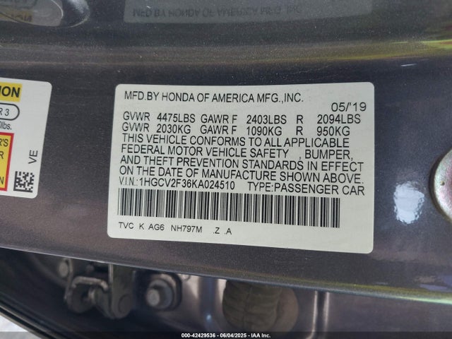 1HGCV2F36KA024510 Honda k20c4
