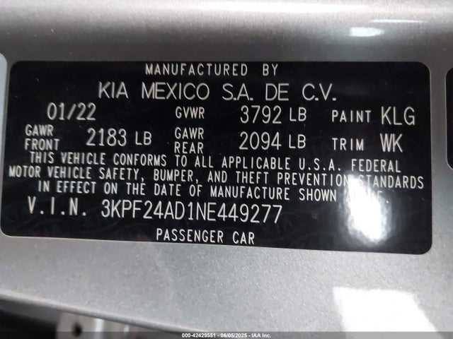 3KPF24AD1NE449277 KIA mpi nu