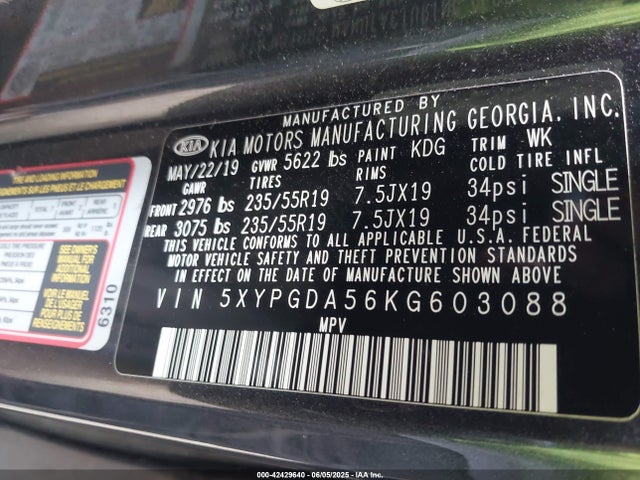 5XYPGDA56KG603088 KIA Sorento 3.3l S