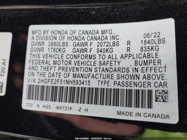 2022 HONDA CIVIC 2HGFE2F51NH593415 Photo 8