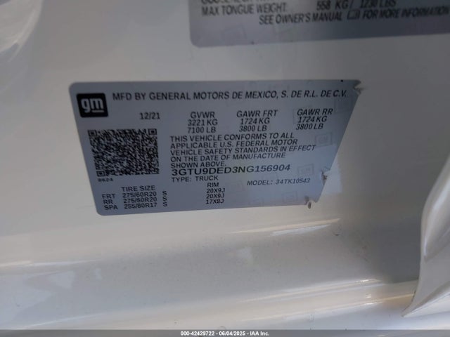 3GTU9DED3NG156904 GMC l84