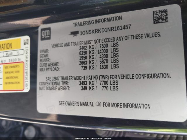 1GNSKRKD1NR161457 Chevrolet l84 - di, dfm, alum, gen 5, var 2