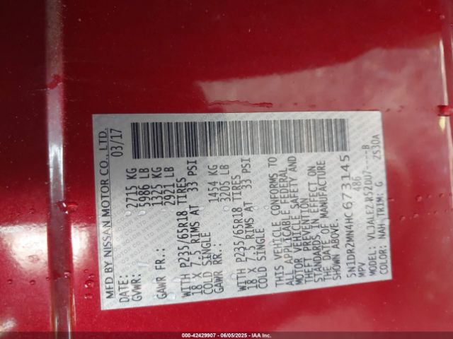 5N1DR2MN4HC673145 Nissan Pathfinder Sv