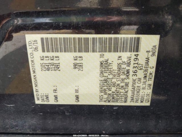 Nissan Maxima 2017 1N4AA6APXHC363194 Image 9