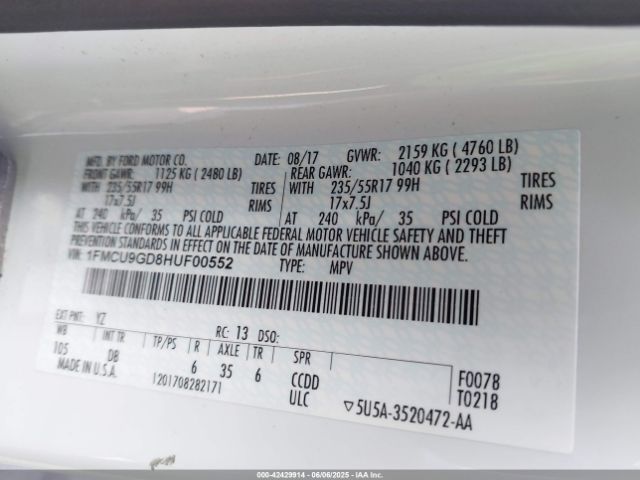 1FMCU9GD8HUF00552 Ford ESCAPE SE