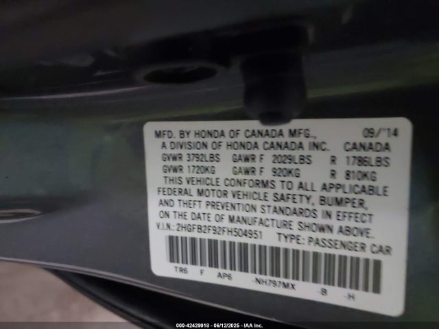 Honda r18z1 2015 2HGFB2F92FH504951 Image 9