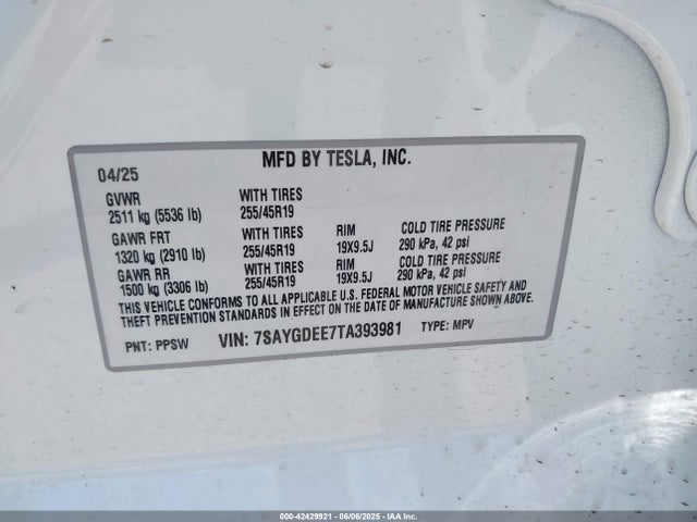7SAYGDEE7TA393981 Tesla Model Y