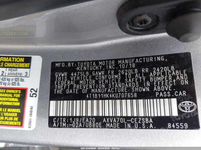 4T1B11HK4KU707658 Toyota CAMRY SE