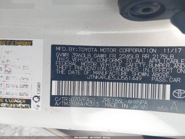 JTNKARJE5JJ561449 Toyota 2zr-fae