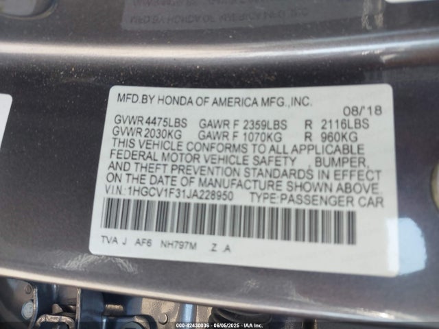 Honda l15be 2018 1HGCV1F31JA228950 Image 9