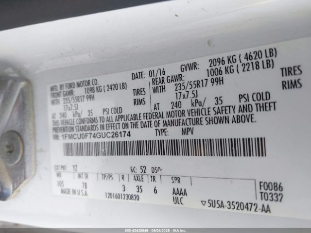 1FMCU0F74GUC26174 Ford ESCAPE S