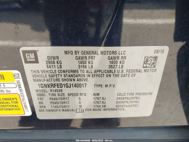 1GNKRFED1GJ140017 Chevrolet llt - sidi, alum, 60 degrees