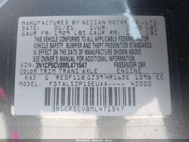 3N1CP5CV8ML471547 Nissan Kicks Sv Xtronic Cvt