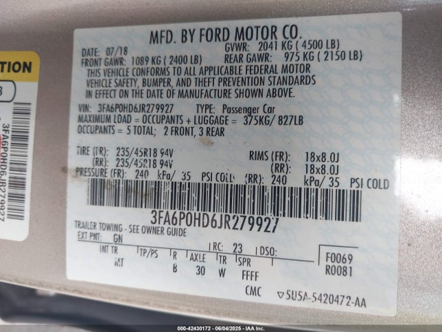 Ford FUSION SE 2018 3FA6P0HD6JR279927 Image 9