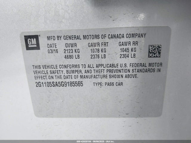 2G1105SA5G9185565 Chevrolet lcv -sidi, dcvcp, vvt, dcvcp, e85 max, e0-e100, aluminum