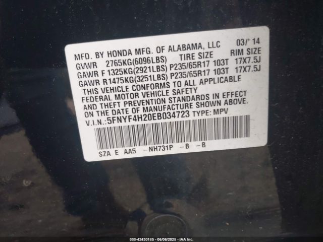 5FNYF4H20EB034723 Honda PILOT LX