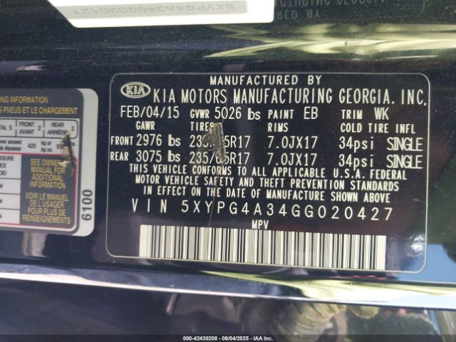 5XYPG4A34GG020427 KIA dohc gdi theta ii
