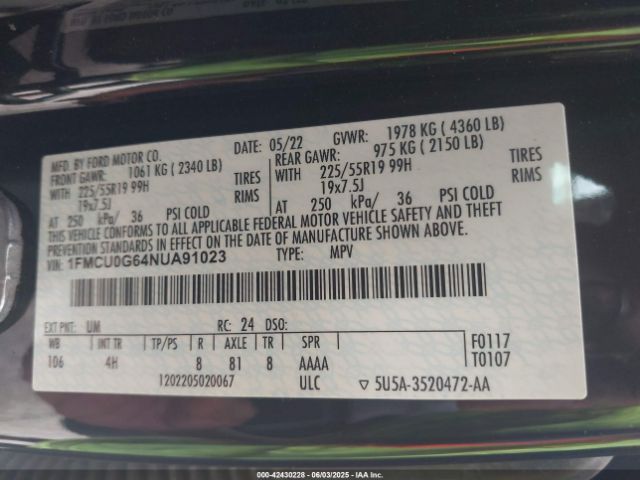 1FMCU0G64NUA91023 Ford ESCAPE SE