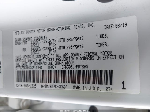 5TFCZ5ANXKX210741 Toyota 2gr-fks