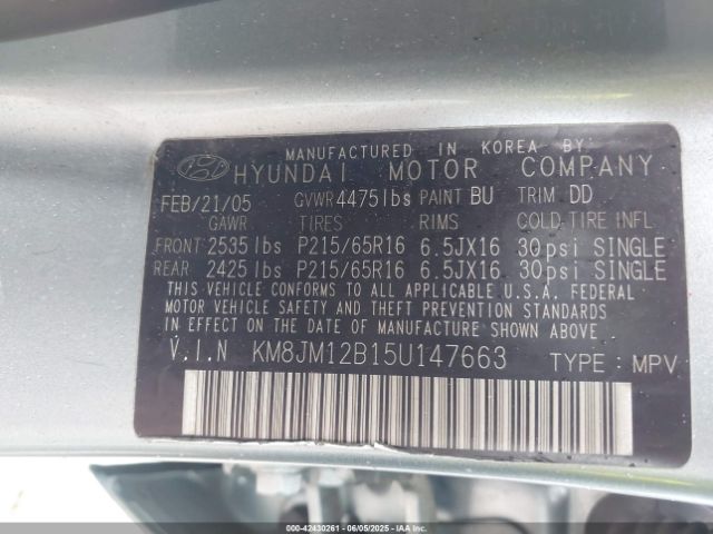 2005 HYUNDAI TUCSON KM8JM12B15U147663 Photo 8