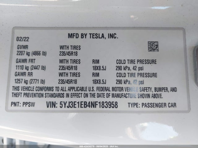 2022 TESLA MODEL 3 5YJ3E1EB4NF183958 Photo 8